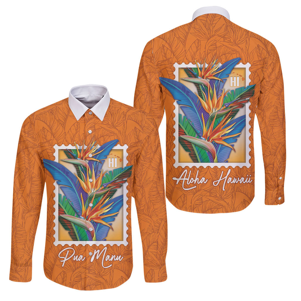 Aloha Hawaii Pua Manu Family Matching Long Sleeve Bodycon Dress and Hawaiian Shirt Hawaiian Bird of Paradise Flowers Stylized Stamp LT14 Dad's Shirt - Long Sleeve Orange - Polynesian Pride