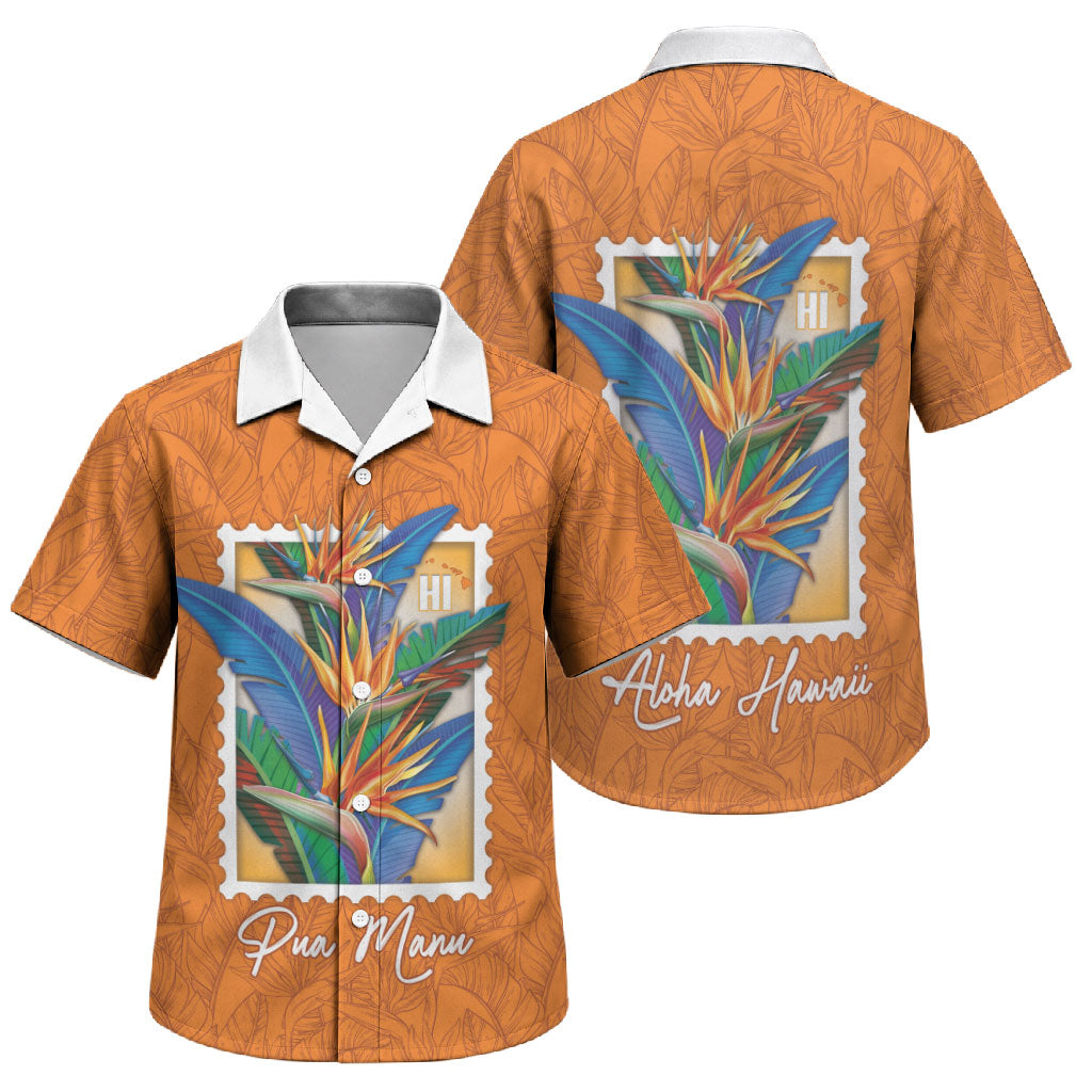 Aloha Hawaii Pua Manu Family Matching Off Shoulder Maxi Dress and Hawaiian Shirt Hawaiian Bird of Paradise Flowers Stylized Stamp LT14 Son's Shirt Orange - Polynesian Pride