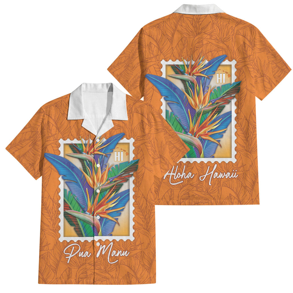Aloha Hawaii Pua Manu Family Matching Puletasi and Hawaiian Shirt Hawaiian Bird of Paradise Flowers Stylized Stamp LT14 Dad's Shirt - Short Sleeve Orange - Polynesian Pride