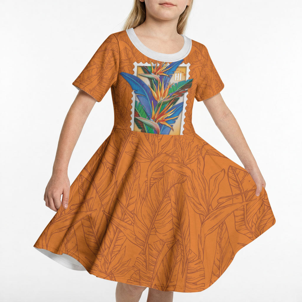 Aloha Hawaii Pua Manu Kid Short Sleeve Dress Hawaiian Bird of Paradise Flowers Stylized Stamp