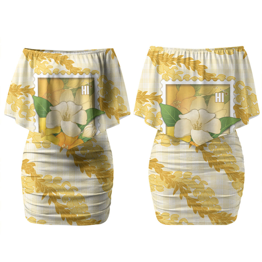 Aloha Hawaii Puakenikeni Couples Matching Off Shoulder Short Dress and Hawaiian Shirt Hawaiian Lei Palaka Motifs Stylized Stamp LT14 - Polynesian Pride