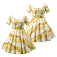 Aloha Hawaii Puakenikeni Family Matching Off The Shoulder Long Sleeve Dress and Hawaiian Shirt Hawaiian Lei Palaka Motifs Stylized Stamp LT14 Daughter's Dress Yellow - Polynesian Pride
