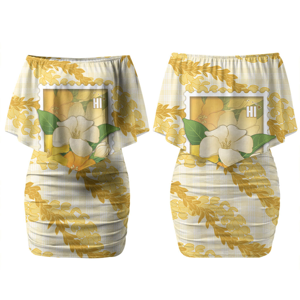 Aloha Hawaii Puakenikeni Family Matching Off Shoulder Short Dress and Hawaiian Shirt Hawaiian Lei Palaka Motifs Stylized Stamp LT14 Mom's Dress Yellow - Polynesian Pride