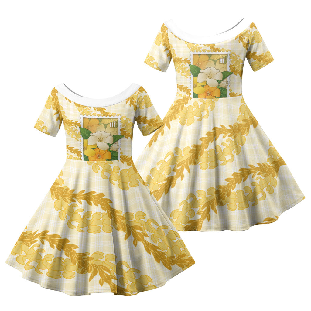 Aloha Hawaii Puakenikeni Family Matching Short Sleeve Bodycon Dress and Hawaiian Shirt Hawaiian Lei Palaka Motifs Stylized Stamp LT14 Daughter's Dress Yellow - Polynesian Pride