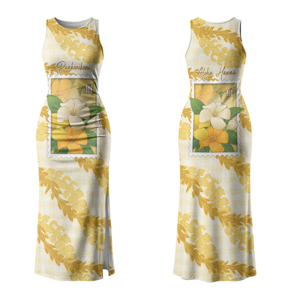 Aloha Hawaii Puakenikeni Family Matching Tank Maxi Dress and Hawaiian Shirt Hawaiian Lei Palaka Motifs Stylized Stamp LT14 Mom's Dress Yellow - Polynesian Pride