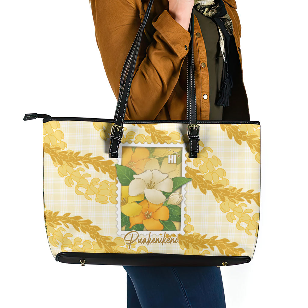 Aloha Hawaii Puakenikeni Leather Tote Bag Hawaiian Lei Palaka Motifs Stylized Stamp