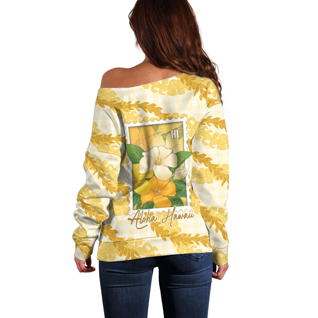 Aloha Hawaii Puakenikeni Off Shoulder Sweater Hawaiian Lei Palaka Motifs Stylized Stamp LT14 - Polynesian Pride