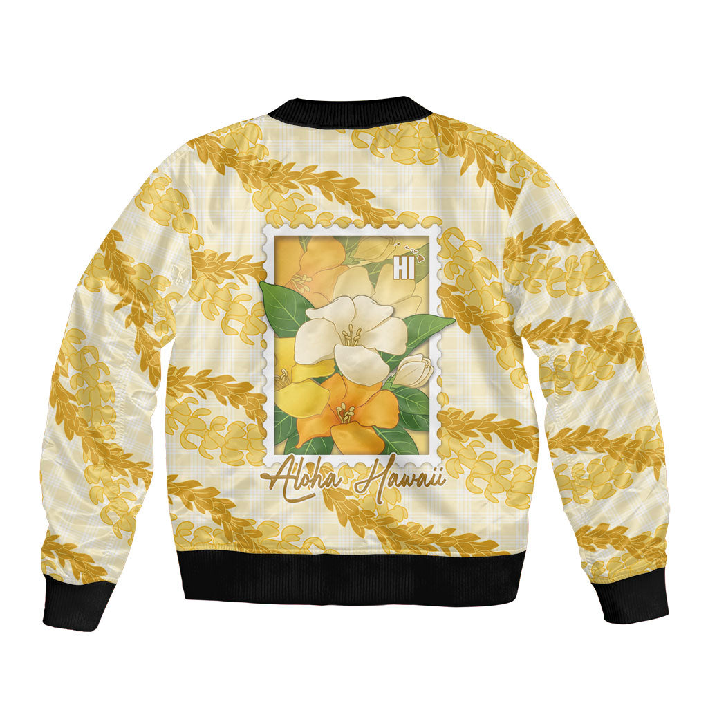 Aloha Hawaii Puakenikeni Sleeve Zip Bomber Jacket Hawaiian Lei Palaka Motifs Stylized Stamp LT14 - Polynesian Pride