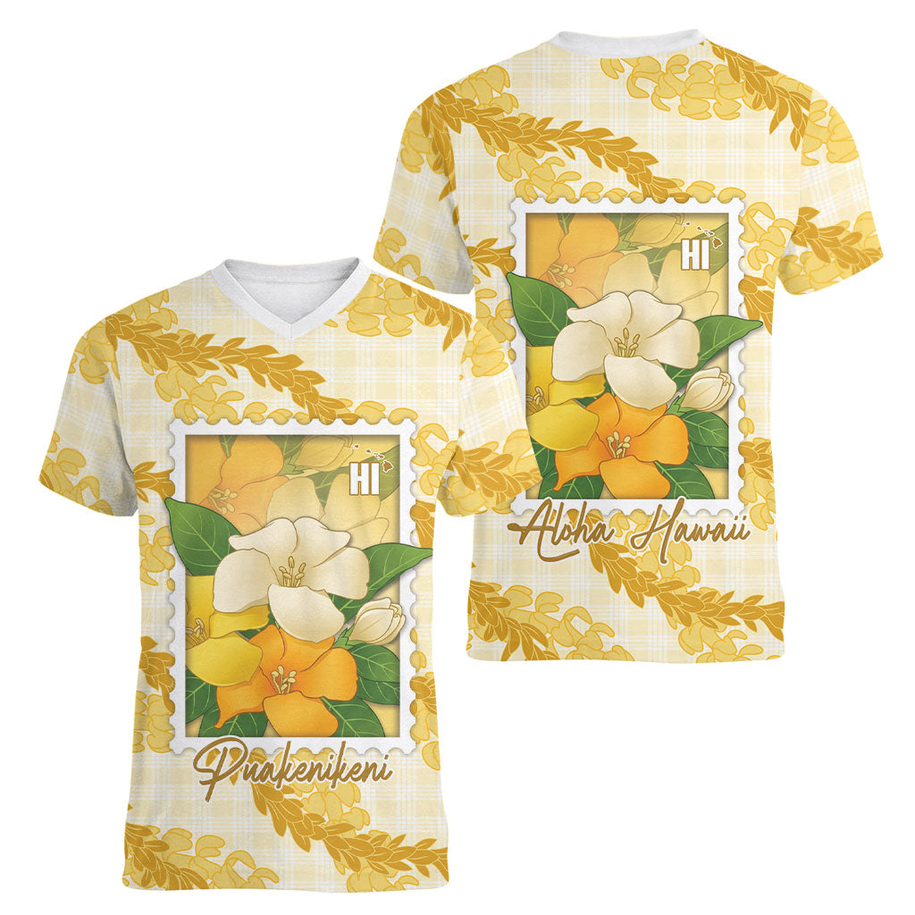 Aloha Hawaii Puakenikeni Women V-Neck T-Shirt Hawaiian Lei Palaka Motifs Stylized Stamp LT14 - Polynesian Pride