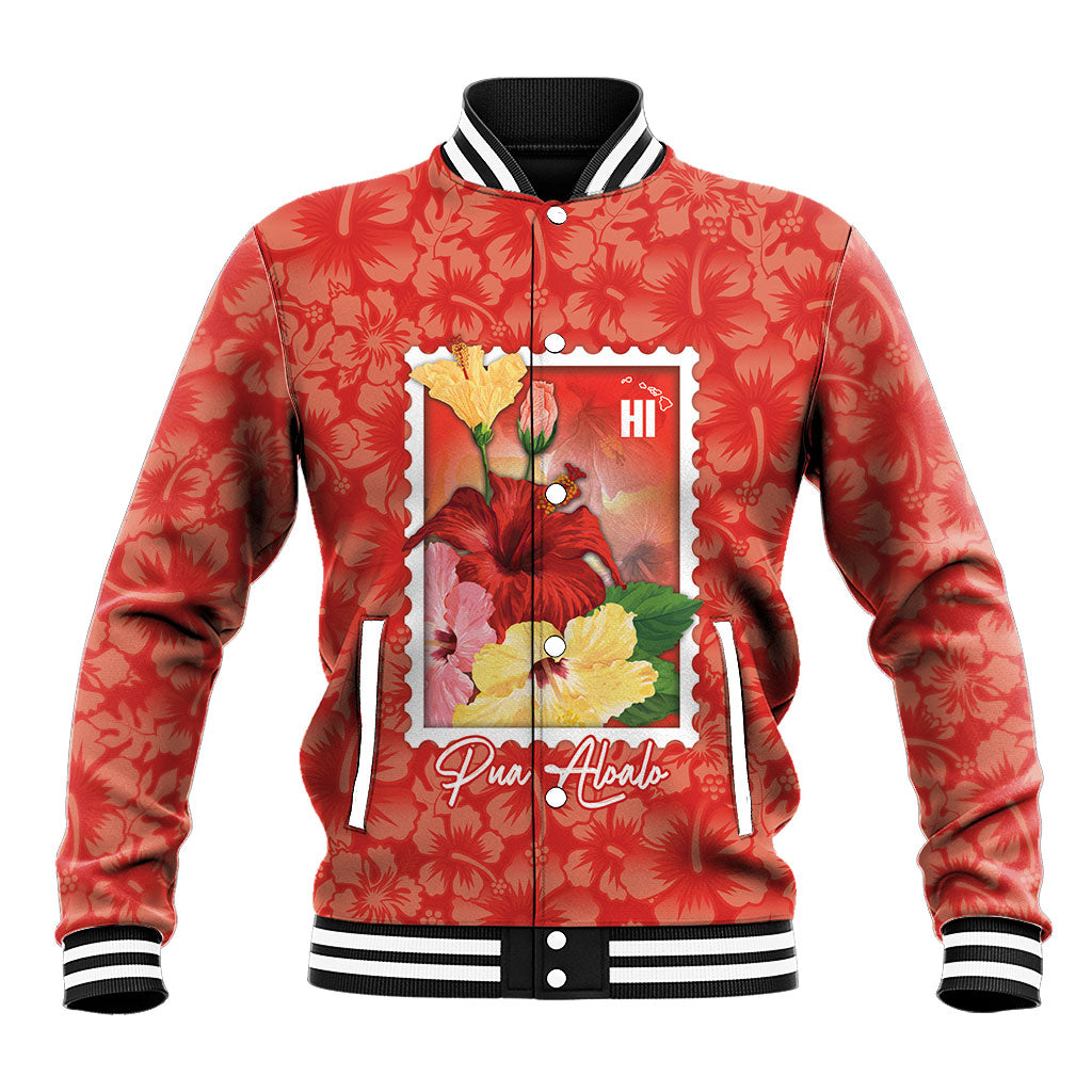 Aloha Hawaii Pua Aloalo Baseball Jacket Hawaiian Hibiscus Flowers Stylized Stamp LT14 Unisex Red - Polynesian Pride