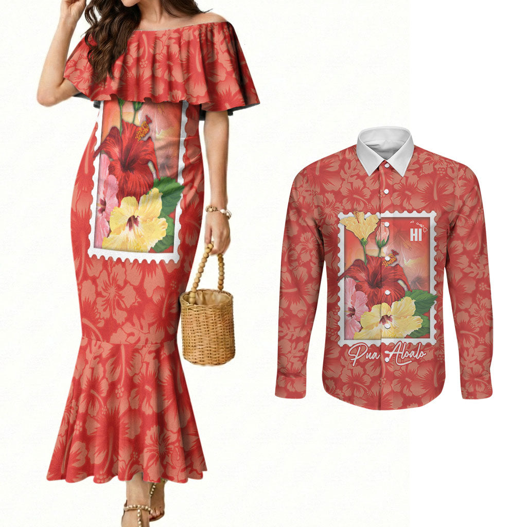Aloha Hawaii Pua Aloalo Couples Matching Mermaid Dress and Long Sleeve Button Shirt Hawaiian Hibiscus Flowers Stylized Stamp LT14 Red - Polynesian Pride