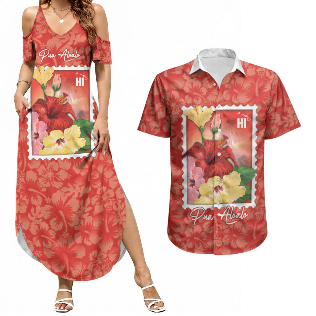 Aloha Hawaii Pua Aloalo Couples Matching Summer Maxi Dress and Hawaiian Shirt Hawaiian Hibiscus Flowers Stylized Stamp LT14 Red - Polynesian Pride