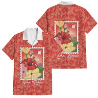 Aloha Hawaii Pua Aloalo Family Matching Mermaid Dress and Hawaiian Shirt Hawaiian Hibiscus Flowers Stylized Stamp LT14 Dad's Shirt - Short Sleeve Red - Polynesian Pride