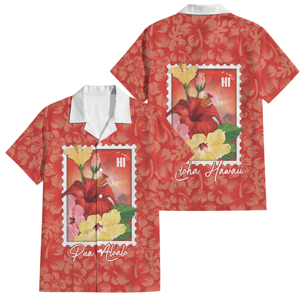 Aloha Hawaii Pua Aloalo Family Matching Off The Shoulder Long Sleeve Dress and Hawaiian Shirt Hawaiian Hibiscus Flowers Stylized Stamp LT14 Dad's Shirt - Short Sleeve Red - Polynesian Pride