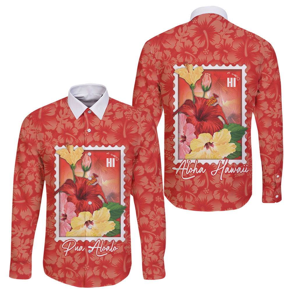 Aloha Hawaii Pua Aloalo Family Matching Off The Shoulder Long Sleeve Dress and Hawaiian Shirt Hawaiian Hibiscus Flowers Stylized Stamp LT14 Dad's Shirt - Long Sleeve Red - Polynesian Pride