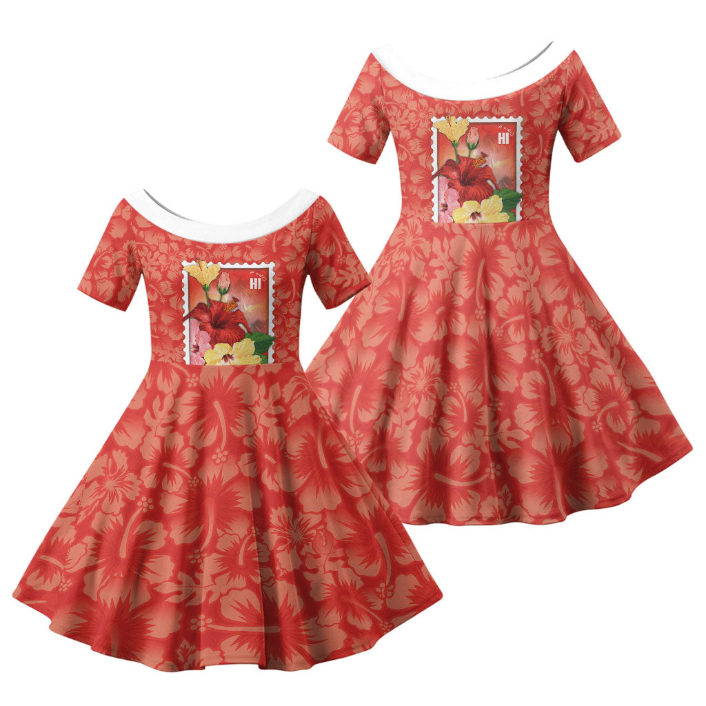 Aloha Hawaii Pua Aloalo Family Matching Off The Shoulder Long Sleeve Dress and Hawaiian Shirt Hawaiian Hibiscus Flowers Stylized Stamp LT14 Daughter's Dress Red - Polynesian Pride