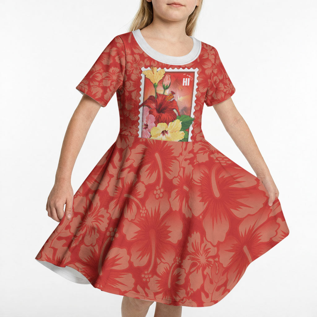 Aloha Hawaii Pua Aloalo Kid Short Sleeve Dress Hawaiian Hibiscus Flowers Stylized Stamp