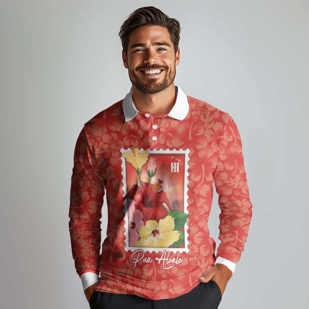 Aloha Hawaii Pua Aloalo Long Sleeve Polo Shirt Hawaiian Hibiscus Flowers Stylized Stamp LT14 - Polynesian Pride