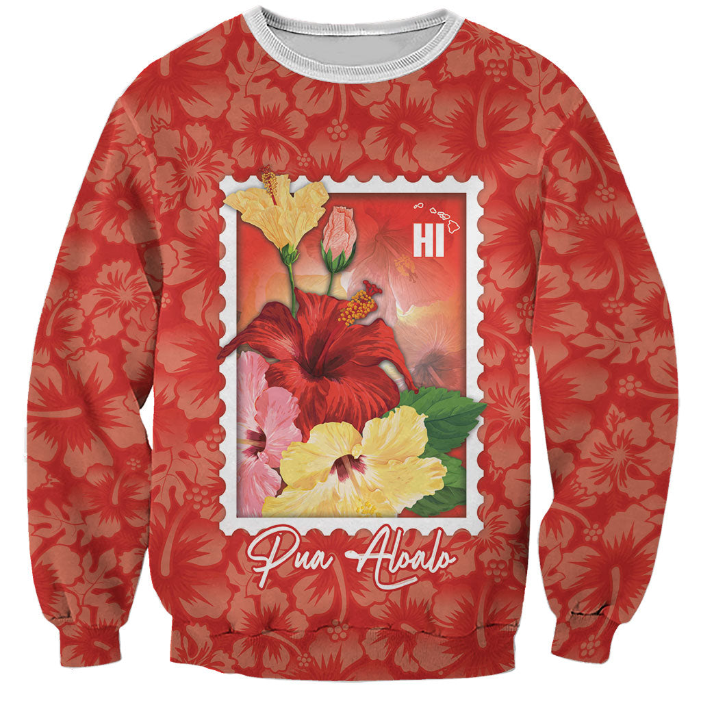 Aloha Hawaii Pua Aloalo Sweatshirt Hawaiian Hibiscus Flowers Stylized Stamp LT14 Unisex Red - Polynesian Pride