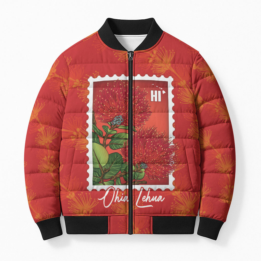 Aloha Hawaii Ohia Lehua Bomber Puffer Jacket Hawaiian Lei Stylized Stamp LT14 Unisex Red - Polynesian Pride