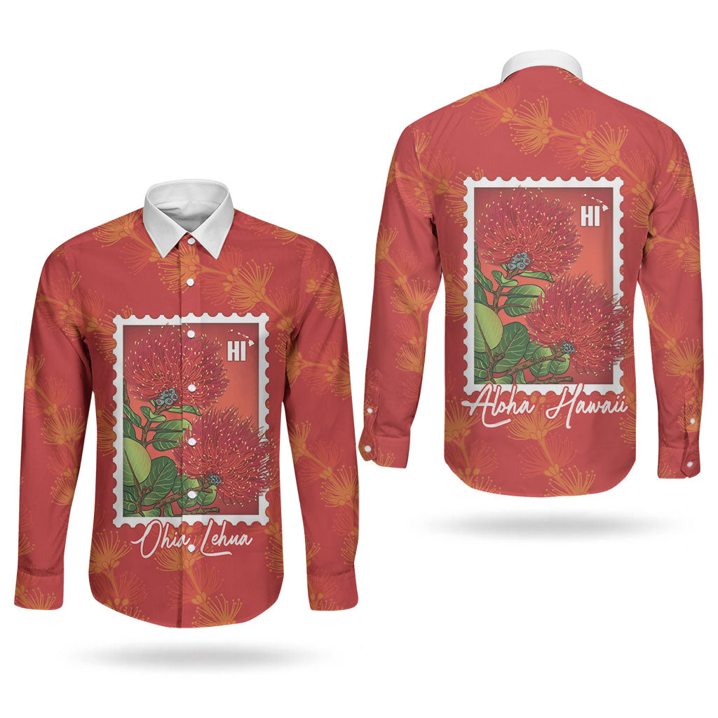 Aloha Hawaii Ohia Lehua Couples Matching Mermaid Dress and Long Sleeve Button Shirt Hawaiian Lei Stylized Stamp LT14 - Polynesian Pride