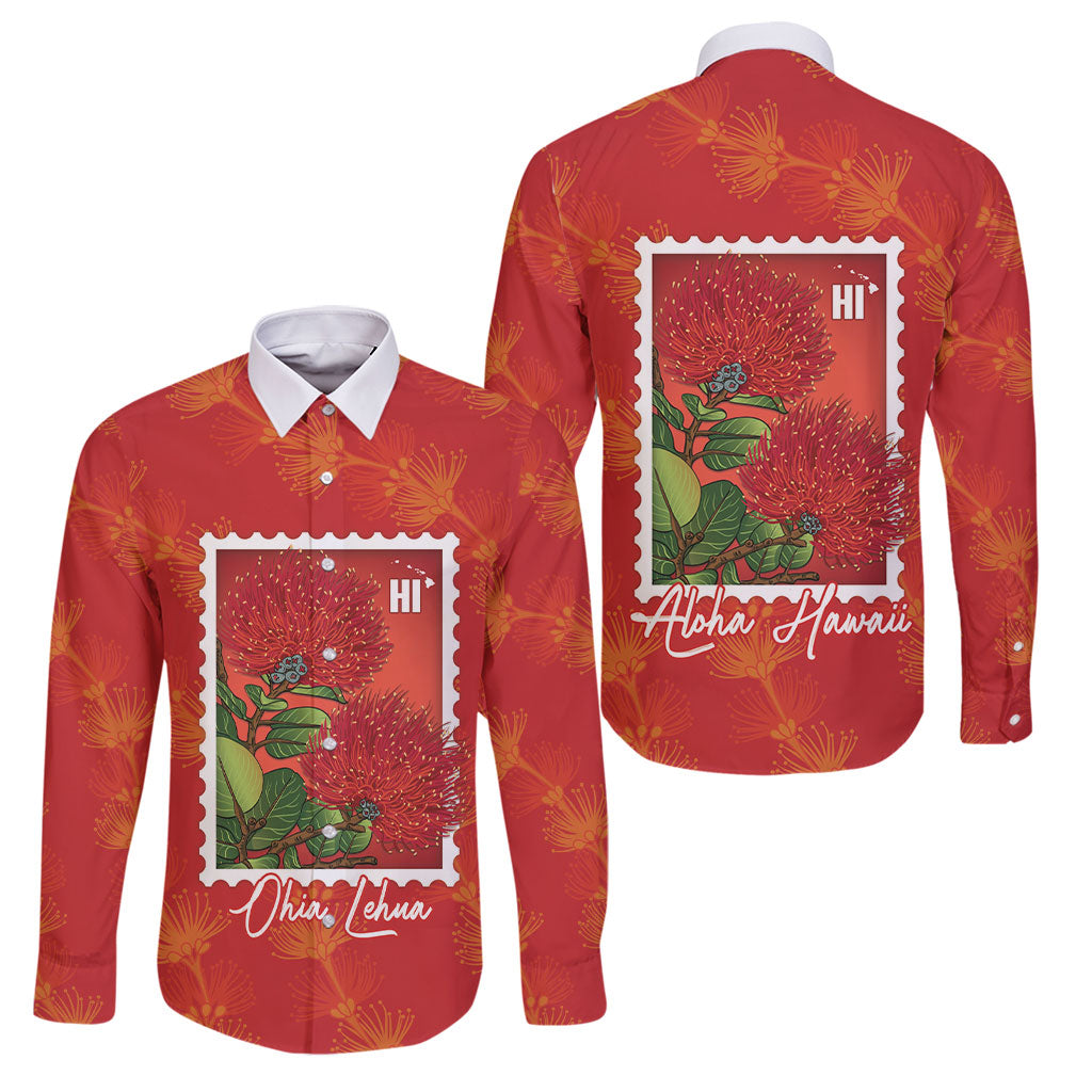 Aloha Hawaii Ohia Lehua Family Matching Tank Maxi Dress and Hawaiian Shirt Hawaiian Lei Stylized Stamp LT14 Dad's Shirt - Long Sleeve Red - Polynesian Pride