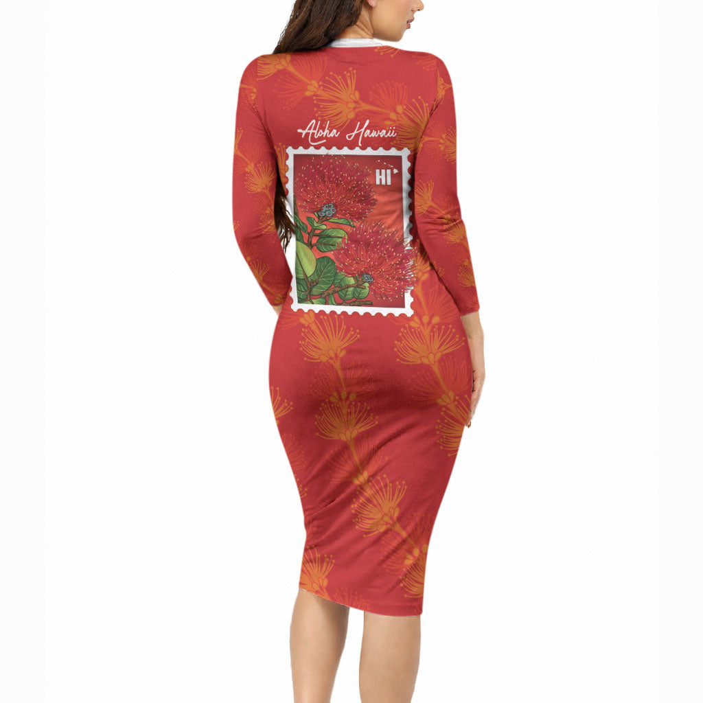 Aloha Hawaii Ohia Lehua Long Sleeve Bodycon Dress Hawaiian Lei Stylized Stamp LT14 - Polynesian Pride