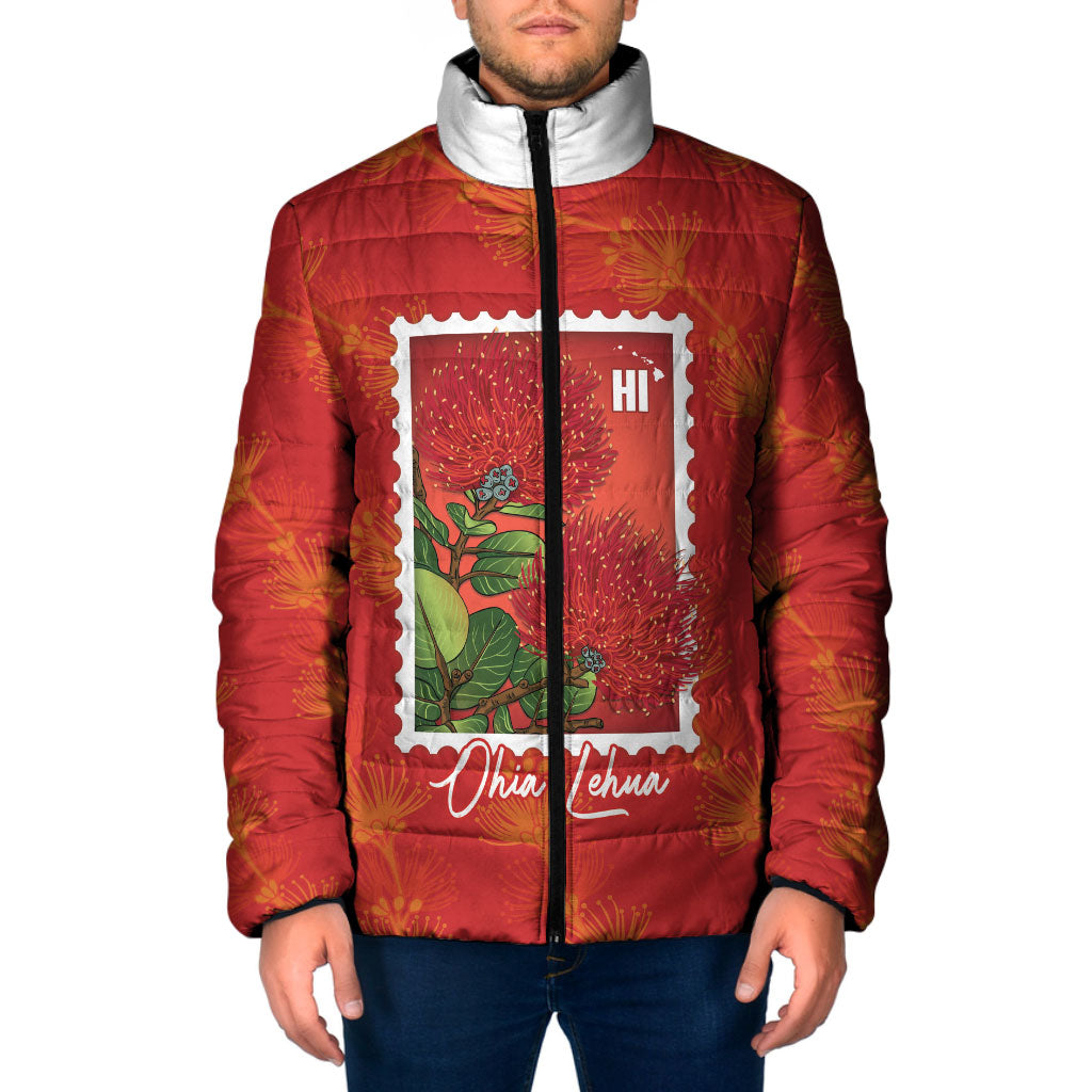 Aloha Hawaii Ohia Lehua Padded Jacket Hawaiian Lei Stylized Stamp LT14 Men Red - Polynesian Pride