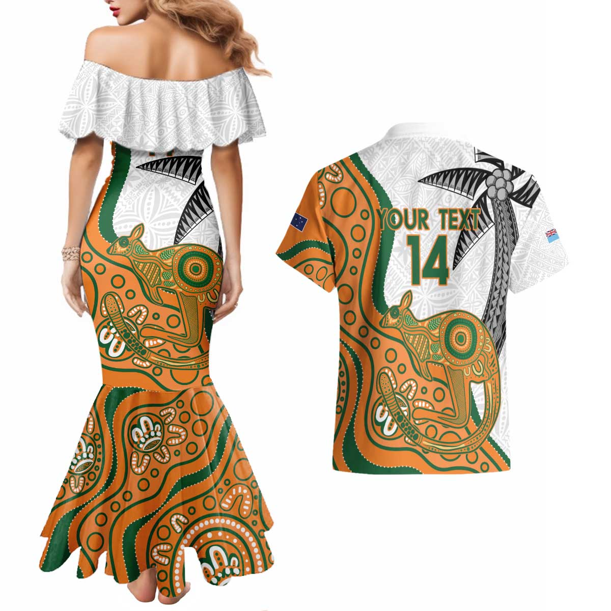 Custom Fiji And Australia Rugby Couples Matching Mermaid Dress and Hawaiian Shirt Fijian Palm Tree Mix Aussie Kangaroo LT14 - Polynesian Pride