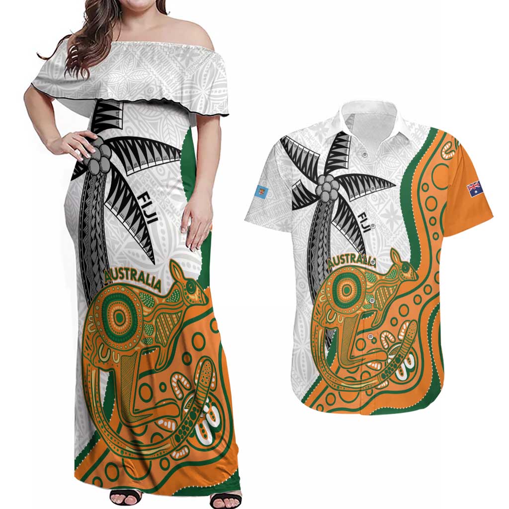 Custom Fiji And Australia Rugby Couples Matching Off Shoulder Maxi Dress and Hawaiian Shirt Fijian Palm Tree Mix Aussie Kangaroo