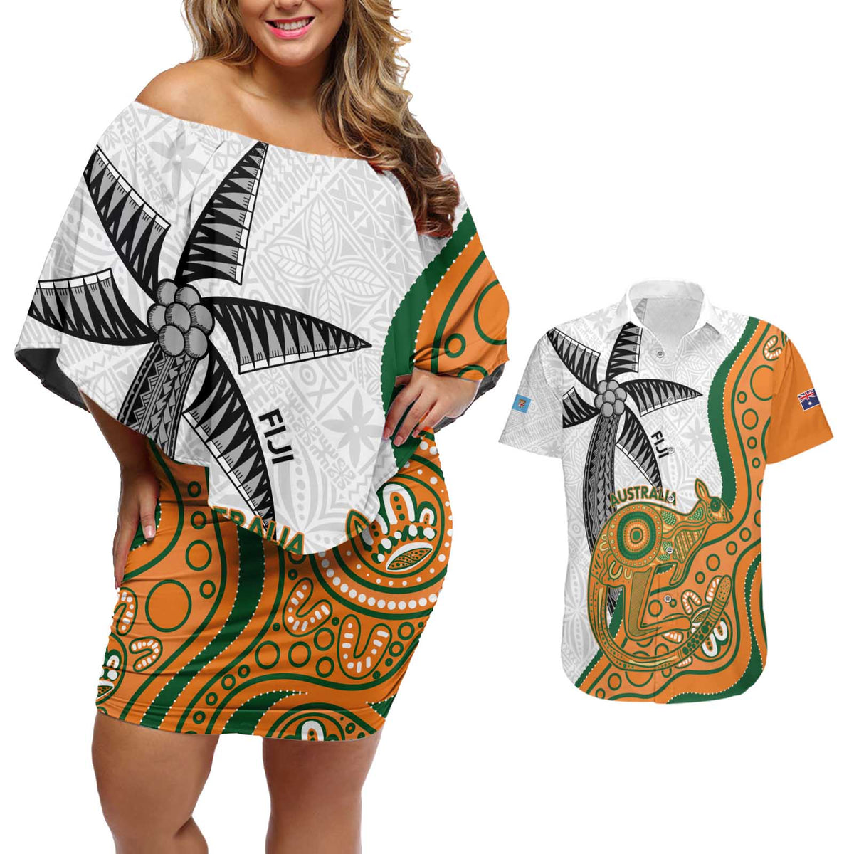 Custom Fiji And Australia Rugby Couples Matching Off Shoulder Short Dress and Hawaiian Shirt Fijian Palm Tree Mix Aussie Kangaroo LT14 Gold - Polynesian Pride