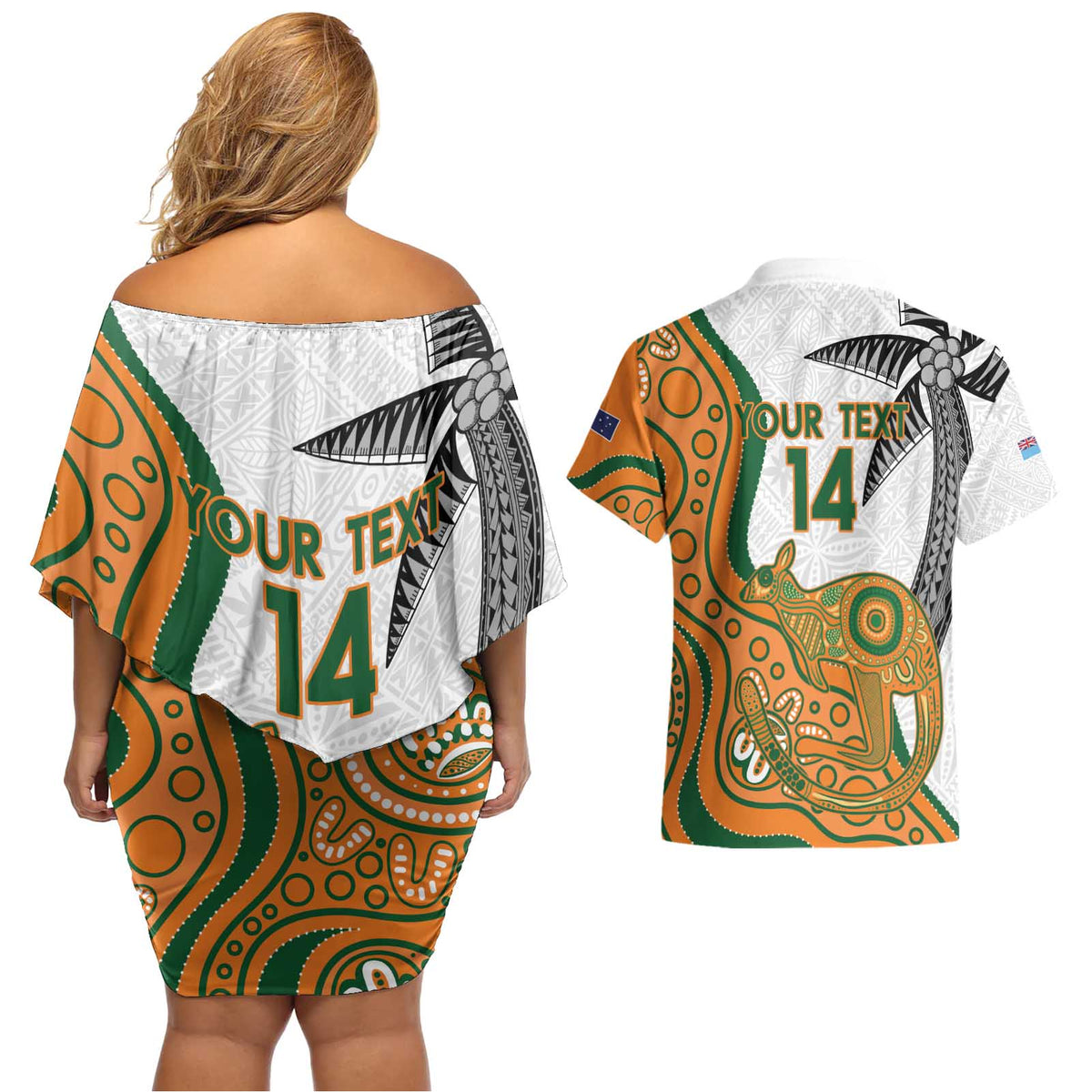 Custom Fiji And Australia Rugby Couples Matching Off Shoulder Short Dress and Hawaiian Shirt Fijian Palm Tree Mix Aussie Kangaroo LT14 - Polynesian Pride