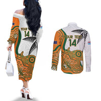 Custom Fiji And Australia Rugby Couples Matching Off The Shoulder Long Sleeve Dress and Long Sleeve Button Shirt Fijian Palm Tree Mix Aussie Kangaroo LT14 - Polynesian Pride