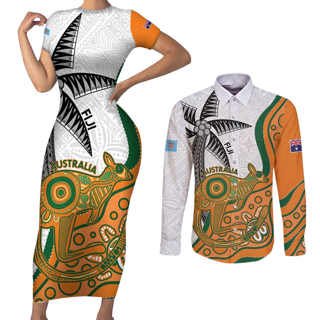 Custom Fiji And Australia Rugby Couples Matching Short Sleeve Bodycon Dress and Long Sleeve Button Shirt Fijian Palm Tree Mix Aussie Kangaroo LT14 Gold - Polynesian Pride