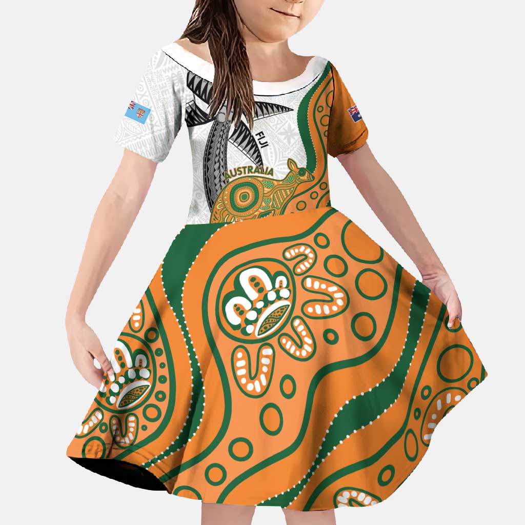 Custom Fiji And Australia Rugby Family Matching Mermaid Dress and Hawaiian Shirt Fijian Palm Tree Mix Aussie Kangaroo LT14 Daughter's Dress Gold - Polynesian Pride