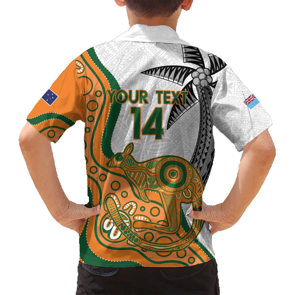 Custom Fiji And Australia Rugby Family Matching Off Shoulder Maxi Dress and Hawaiian Shirt Fijian Palm Tree Mix Aussie Kangaroo LT14 - Polynesian Pride
