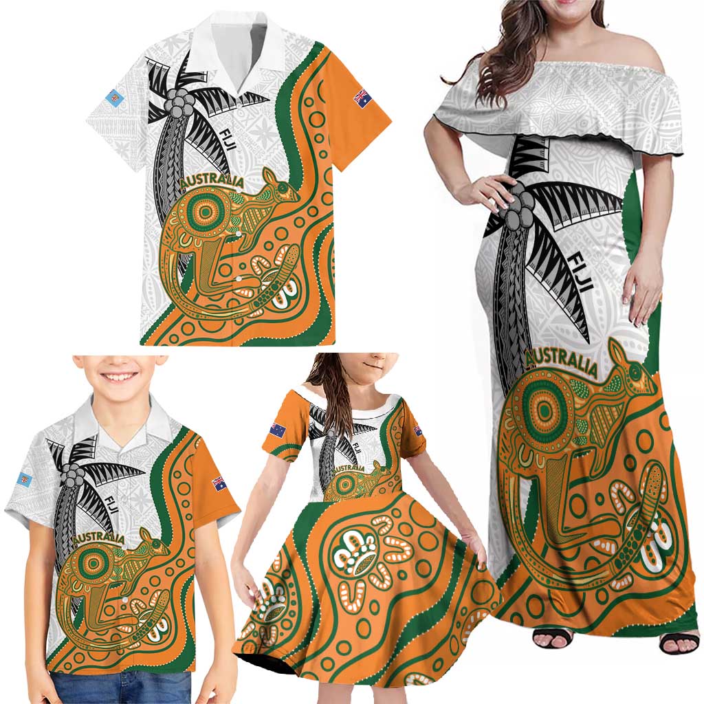 Custom Fiji And Australia Rugby Family Matching Off Shoulder Maxi Dress and Hawaiian Shirt Fijian Palm Tree Mix Aussie Kangaroo LT14 - Polynesian Pride