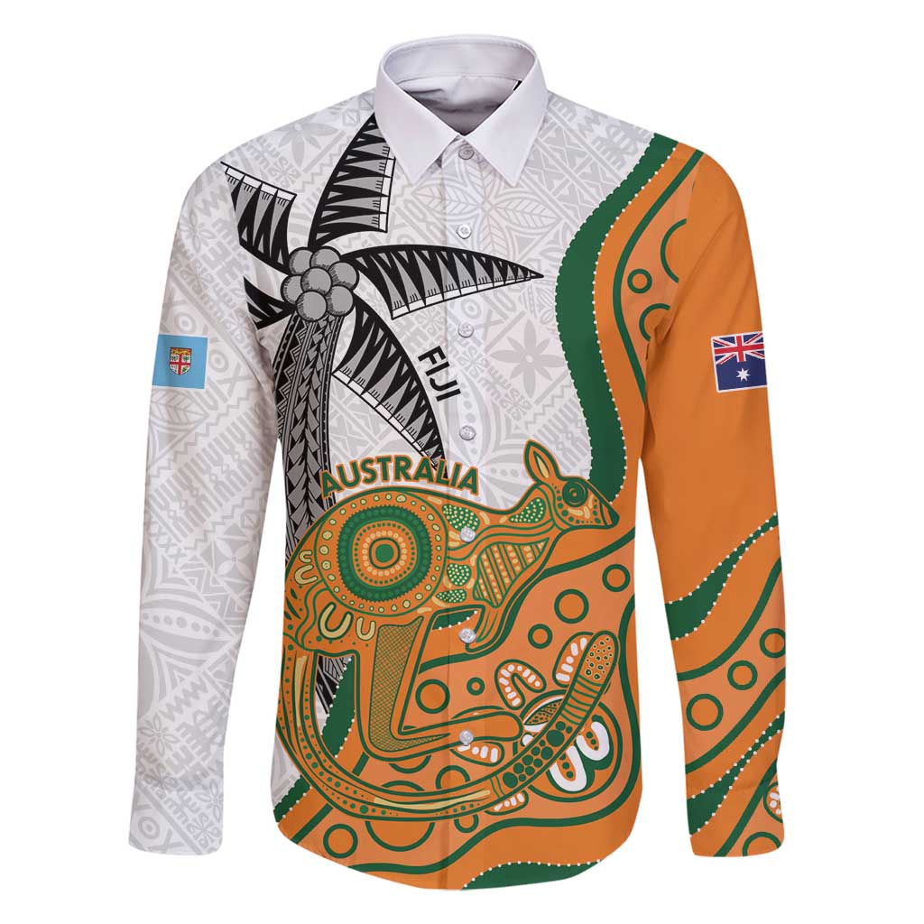 Custom Fiji And Australia Rugby Family Matching Off Shoulder Maxi Dress and Hawaiian Shirt Fijian Palm Tree Mix Aussie Kangaroo LT14 Dad's Shirt - Long Sleeve Gold - Polynesian Pride