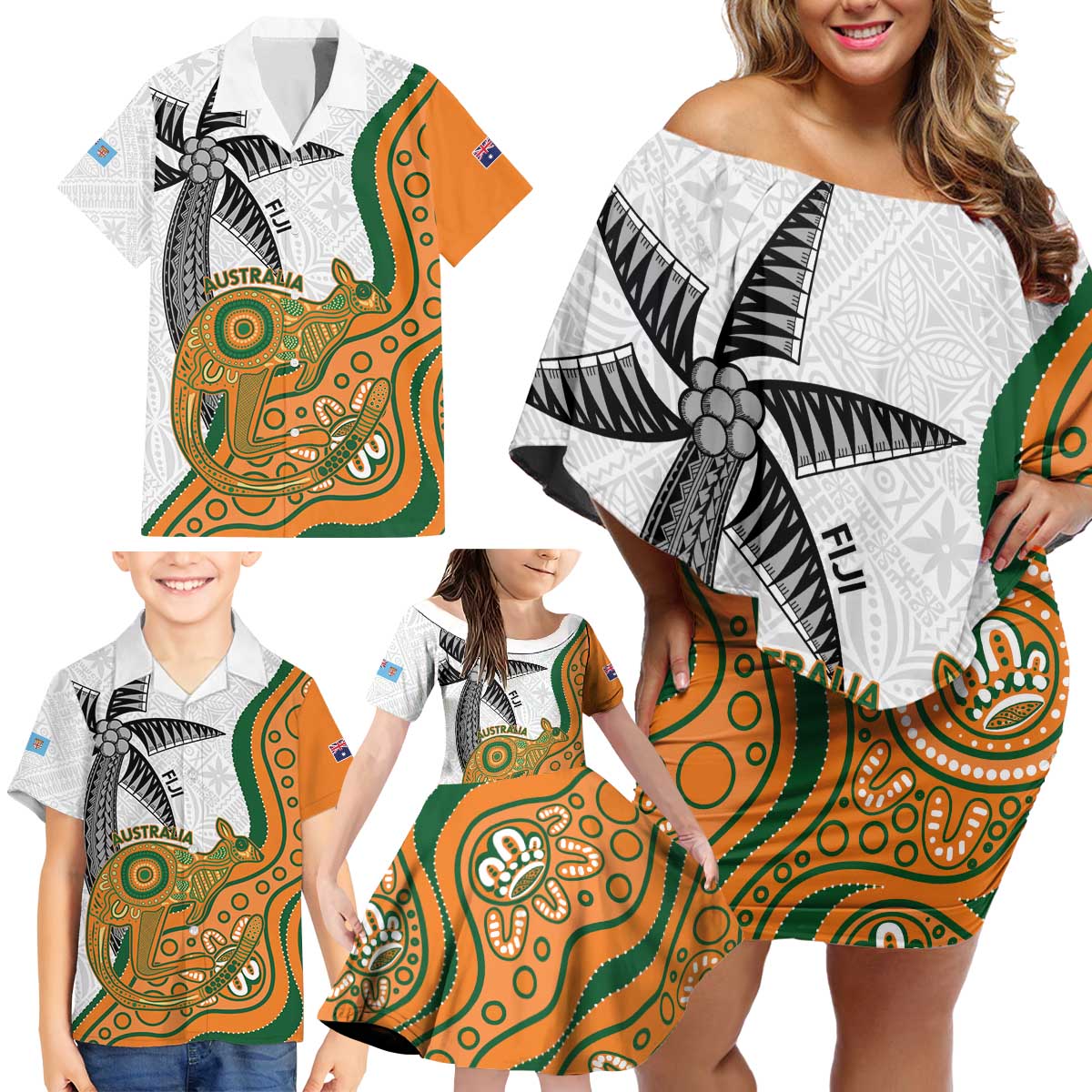 Custom Fiji And Australia Rugby Family Matching Off Shoulder Short Dress and Hawaiian Shirt Fijian Palm Tree Mix Aussie Kangaroo