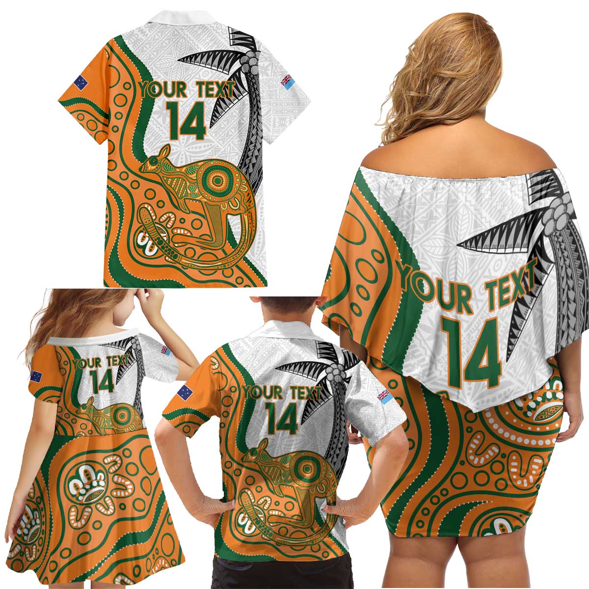 Custom Fiji And Australia Rugby Family Matching Off Shoulder Short Dress and Hawaiian Shirt Fijian Palm Tree Mix Aussie Kangaroo
