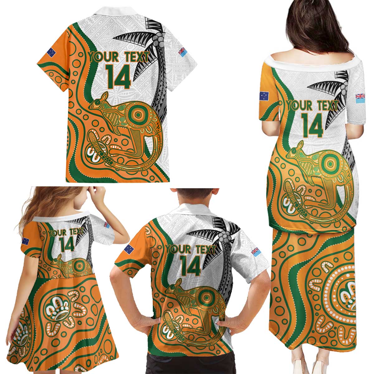 Custom Fiji And Australia Rugby Family Matching Puletasi and Hawaiian Shirt Fijian Palm Tree Mix Aussie Kangaroo LT14 - Polynesian Pride