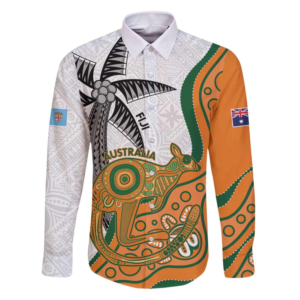 Custom Fiji And Australia Rugby Family Matching Puletasi and Hawaiian Shirt Fijian Palm Tree Mix Aussie Kangaroo LT14 Dad's Shirt - Long Sleeve Gold - Polynesian Pride