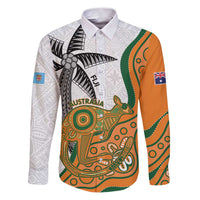 Custom Fiji And Australia Rugby Family Matching Puletasi and Hawaiian Shirt Fijian Palm Tree Mix Aussie Kangaroo LT14 Dad's Shirt - Long Sleeve Gold - Polynesian Pride
