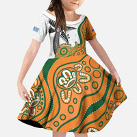 Custom Fiji And Australia Rugby Family Matching Short Sleeve Bodycon Dress and Hawaiian Shirt Fijian Palm Tree Mix Aussie Kangaroo LT14 Daughter's Dress Gold - Polynesian Pride