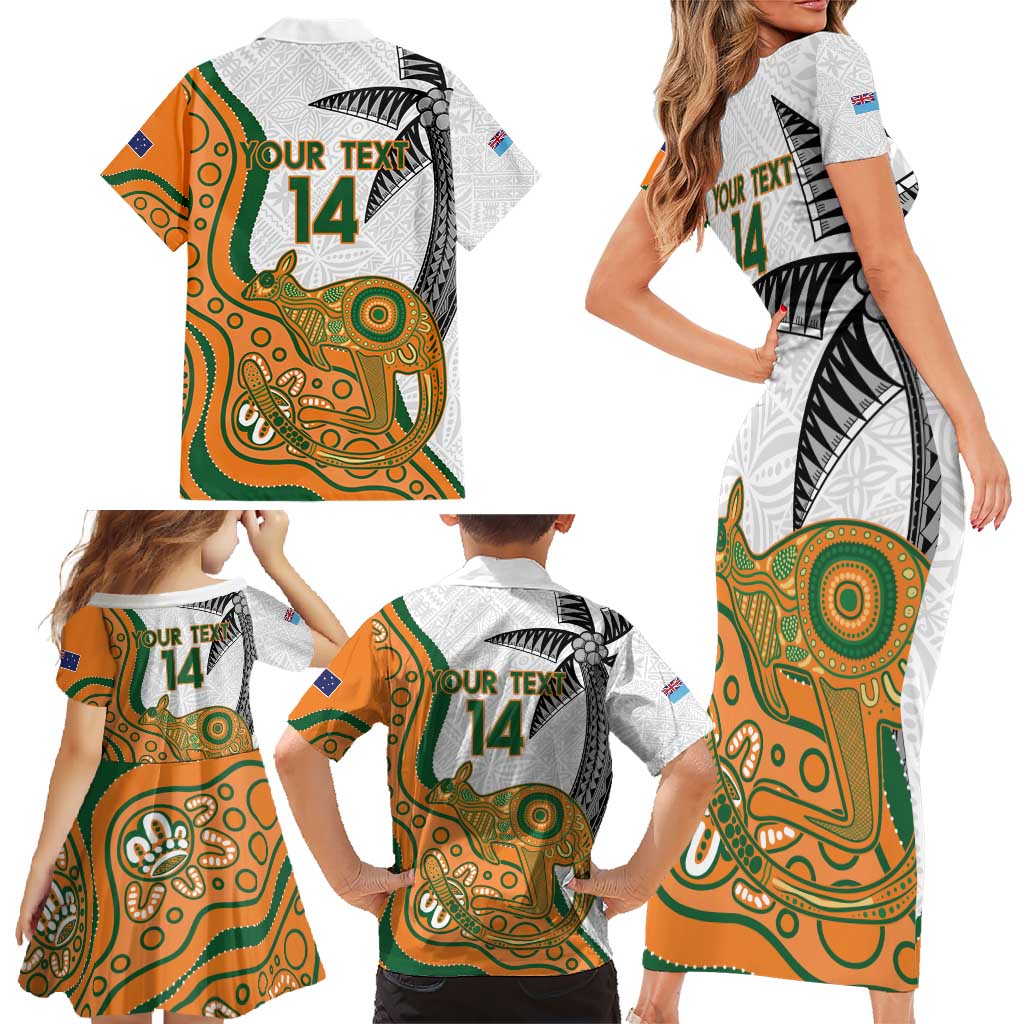 Custom Fiji And Australia Rugby Family Matching Short Sleeve Bodycon Dress and Hawaiian Shirt Fijian Palm Tree Mix Aussie Kangaroo LT14 - Polynesian Pride