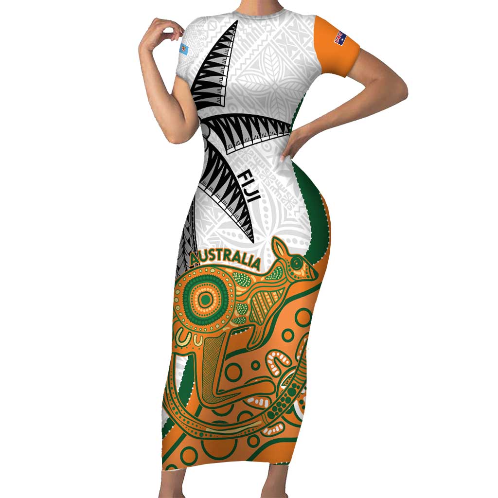 Custom Fiji And Australia Rugby Family Matching Short Sleeve Bodycon Dress and Hawaiian Shirt Fijian Palm Tree Mix Aussie Kangaroo LT14 Mom's Dress Gold - Polynesian Pride