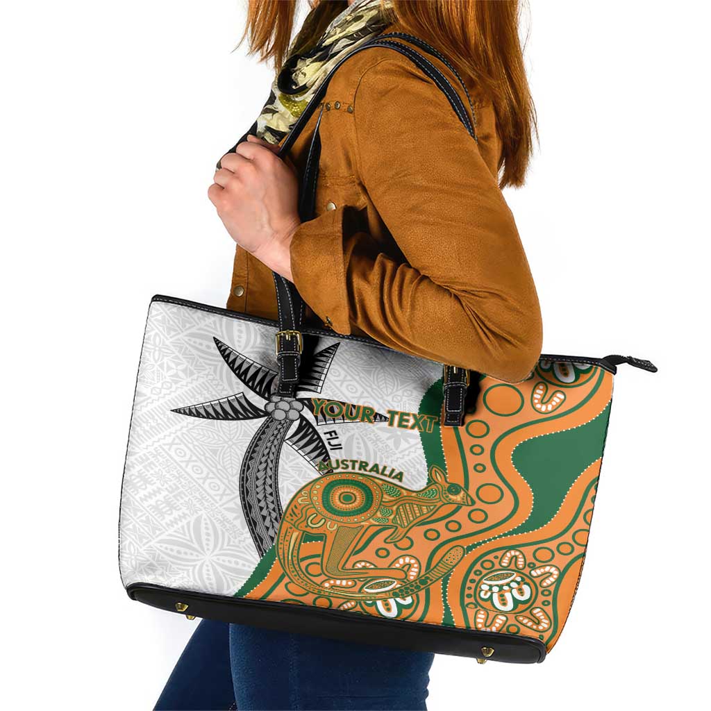 Custom Fiji And Australia Rugby Leather Tote Bag Fijian Palm Tree Mix Aussie Kangaroo