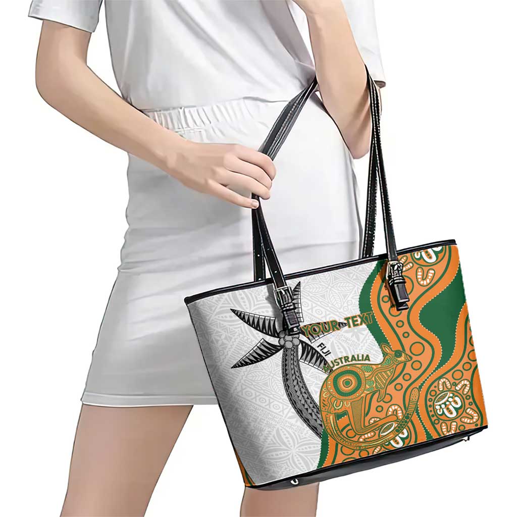 Custom Fiji And Australia Rugby Leather Tote Bag Fijian Palm Tree Mix Aussie Kangaroo