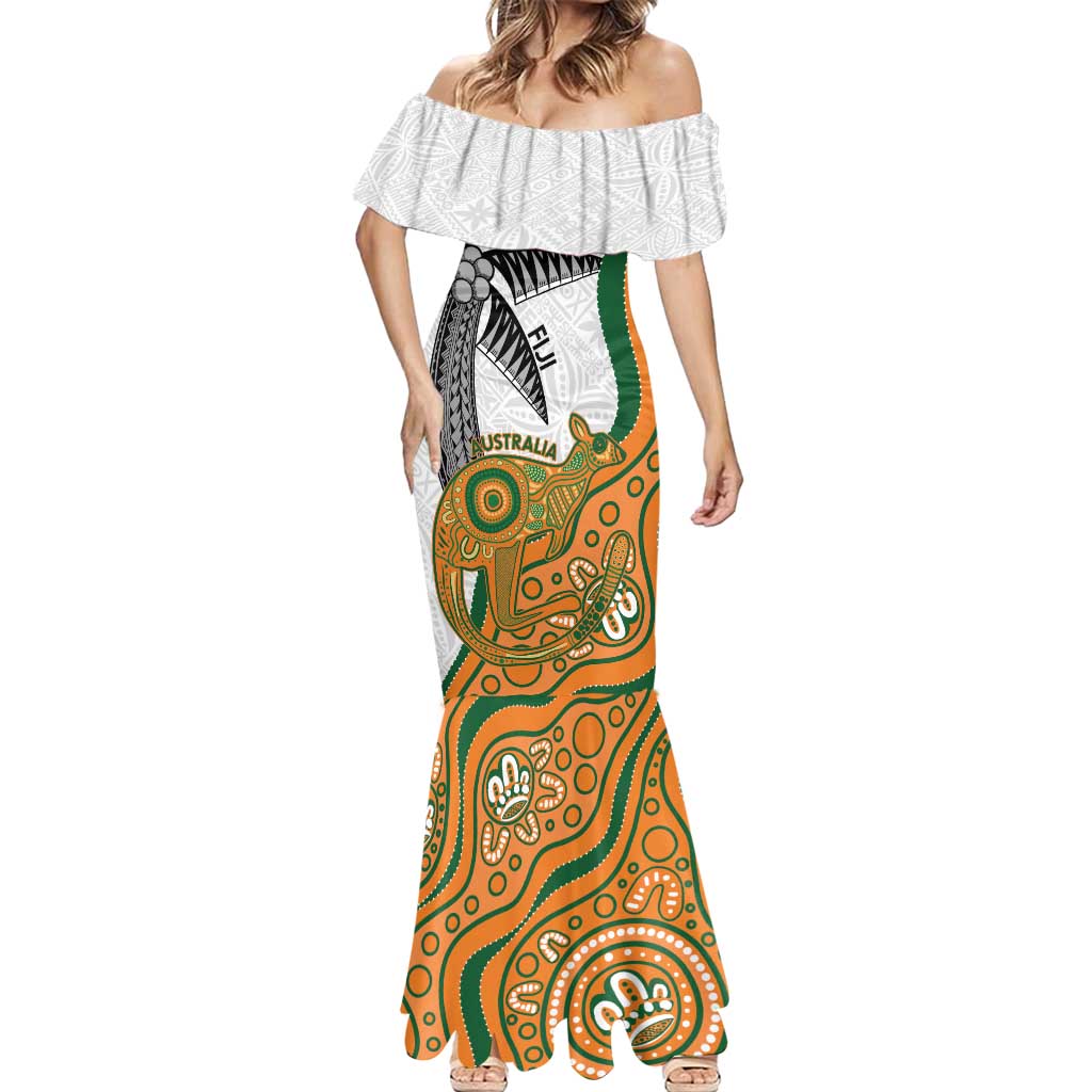 Custom Fiji And Australia Rugby Mermaid Dress Fijian Palm Tree Mix Aussie Kangaroo LT14 - Polynesian Pride