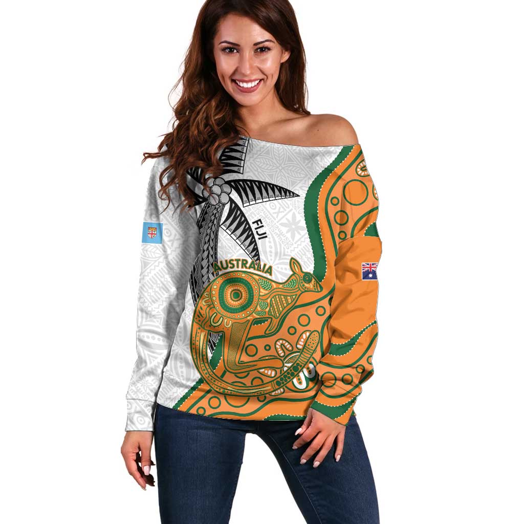 Custom Fiji And Australia Rugby Off Shoulder Sweater Fijian Palm Tree Mix Aussie Kangaroo